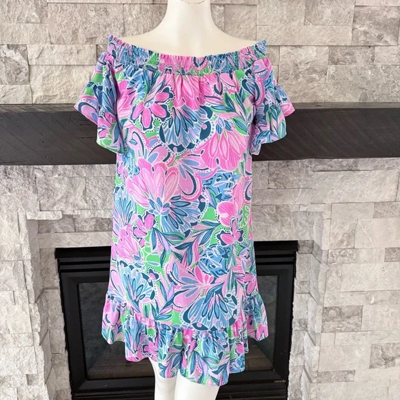 Lilly Pulitzer Off Shoulder Floral Ruffle Mini Dress Pink Blue Belted Size S - Picture 5 of 8